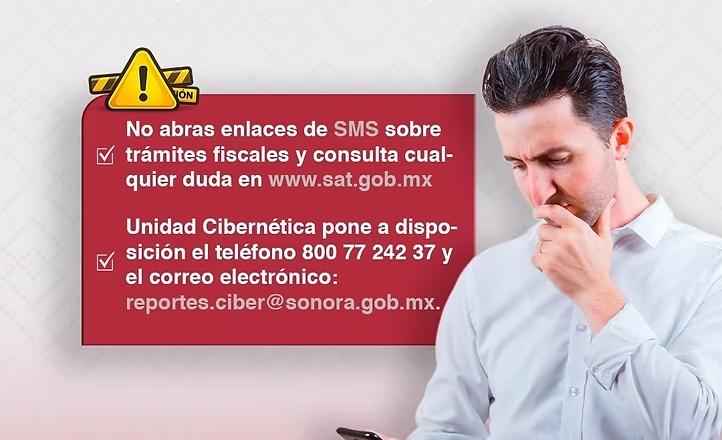 Alerta SSPC Sonora por mensajes falsos que suplantan al SAT para robar información