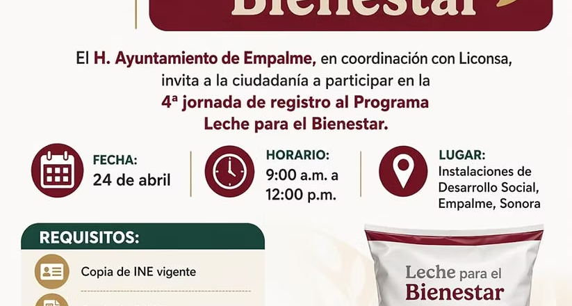 Realizarán cuarta jornada de registro al programa Leche para el Bienestar