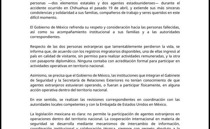 Gabinete de Seguridad expresa su profundo pesar por fallecimiento de 4 personas durante accidente ocurrido en Chihuahua