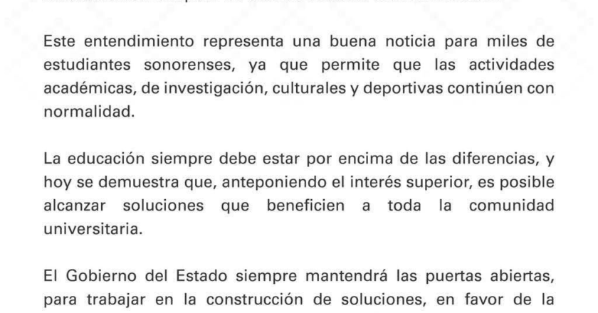 Gobierno del Sonora reconoce y felicita la voluntad mostrada tanto por el Sindicato como por la administración de la Universidad de Sonora