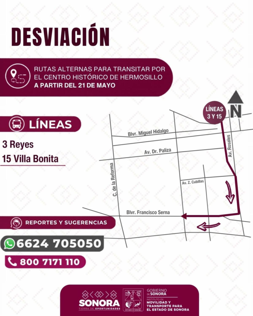 Gobierno de Sonora informa desvíos temporales en líneas de transporte urbano en Hermosillo