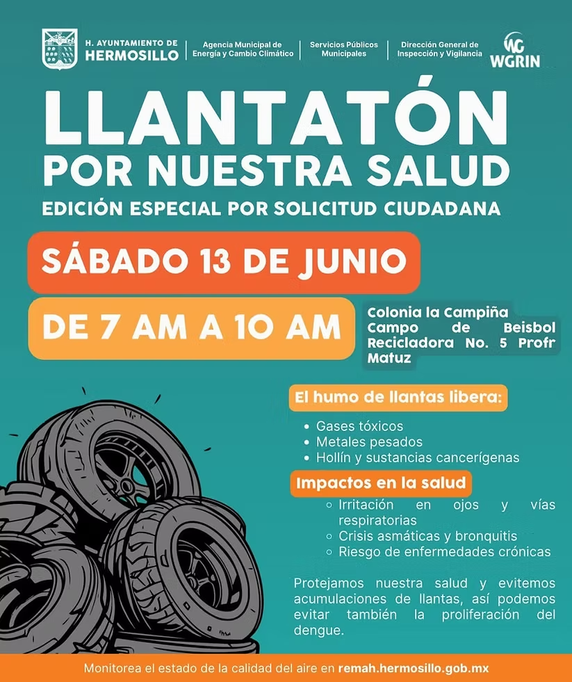 Invita Gobierno de Hermosillo a participar en  jornada de “Llantatón por nuestra salud” en La Campiña