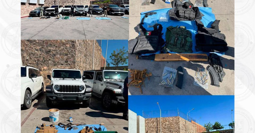 Aseguran Guardia Nacional, DEFENSA, SSPC, PESP y FGJES armas, cartuchos, vehículos y droga durante cateo en Nogales