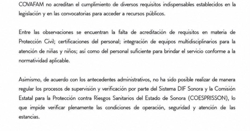 Comunicado Oficial del Congreso del Estado de Sonora con relación a las estancias vinculadas a COVAFAM