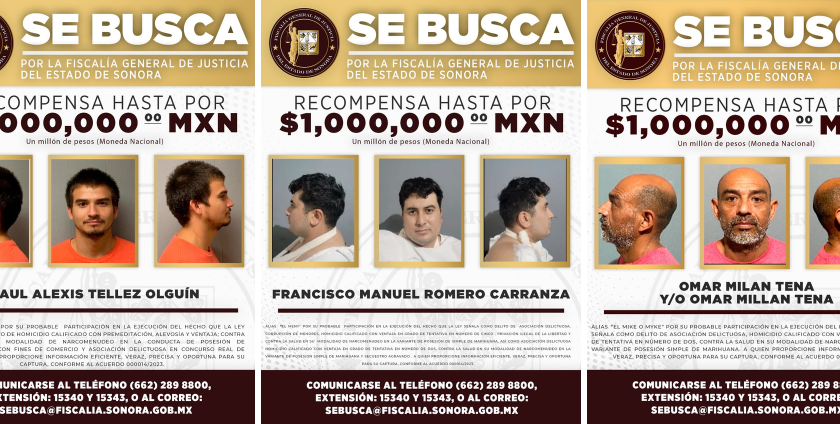 FGJES ofrece hasta 1 millón de pesos de recompensa por información para capturar a tres evadidos del CERESO 2 de Hermosillo