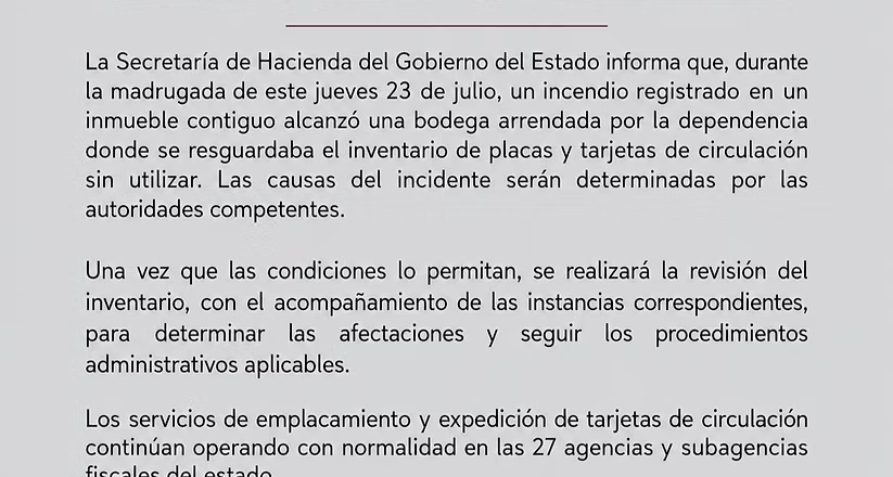Secretaría de Hacienda informa sobre afectación en bodega de inventario de placas y tarjetas de circulación; servicios operan con normalidad