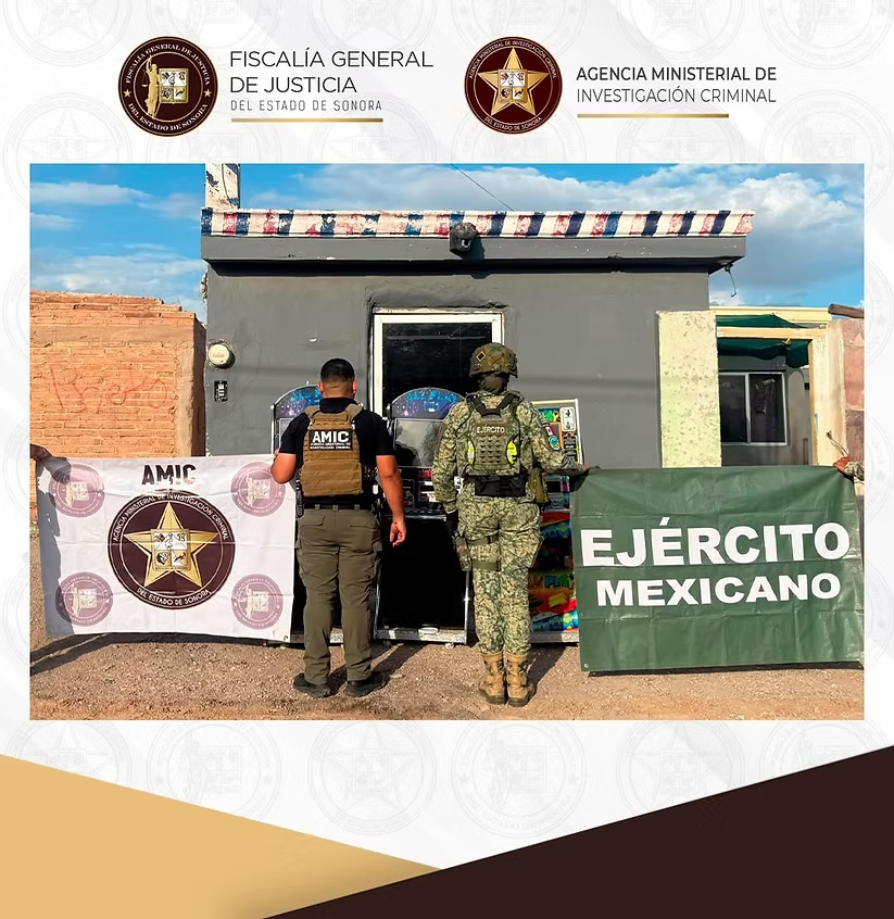 Aseguran AMIC y Defensa máquinas tragamonedas y narcótico durante cateo en Caborca