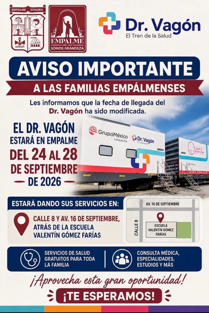 Viene el Tren de la Salud a Empalme; brindará atención gratuita del 24 al 28 de septiembre
