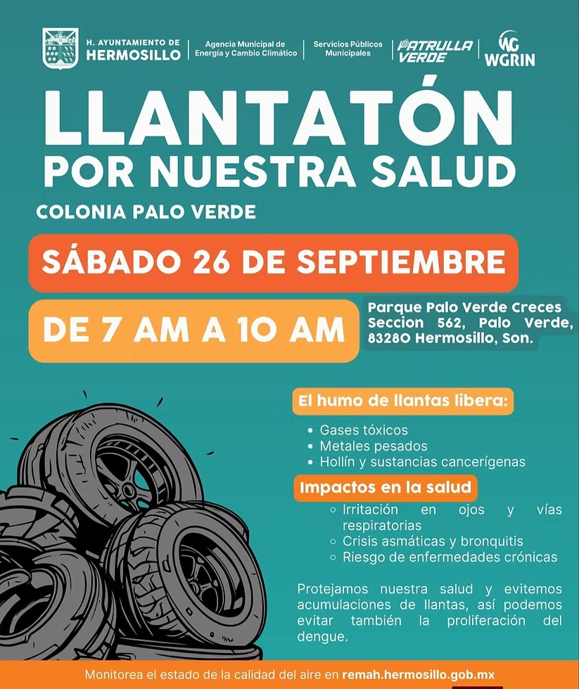 Invita Gobierno de Hermosillo a participar en jornada de “Llantatón por nuestra Salud” en la colonia Palo Verde
